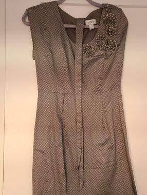 LOFT Grey Polka Dot Sleeveless Midi Dress with Floral Appliqué